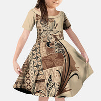 Talofa Samoa Mamanu Siapo Mix Malu Family Matching Off Shoulder Maxi Dress and Hawaiian Shirt Classic Beige Frangipani and Turtles LT7 Daughter's Dress Beige - Polynesian Pride