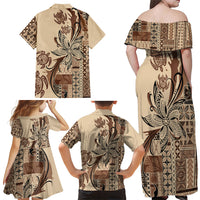 Talofa Samoa Mamanu Siapo Mix Malu Family Matching Off Shoulder Maxi Dress and Hawaiian Shirt Classic Beige Frangipani and Turtles LT7 - Polynesian Pride