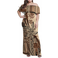 Talofa Samoa Mamanu Siapo Mix Malu Family Matching Off Shoulder Maxi Dress and Hawaiian Shirt Classic Beige Frangipani and Turtles LT7 Mom's Dress Beige - Polynesian Pride