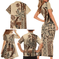 Talofa Samoa Mamanu Siapo Mix Malu Family Matching Short Sleeve Bodycon Dress and Hawaiian Shirt Classic Beige Frangipani and Turtles LT7 - Polynesian Pride