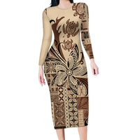 Talofa Samoa Mamanu Siapo Mix Malu Long Sleeve Bodycon Dress Classic Beige Frangipani and Turtles LT7 Long Dress Beige - Polynesian Pride