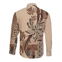 Talofa Samoa Mamanu Siapo Mix Malu Long Sleeve Button Shirt Classic Beige Frangipani and Turtles LT7 - Polynesian Pride