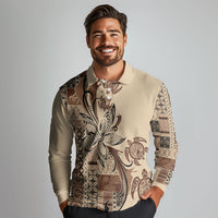 Talofa Samoa Mamanu Siapo Mix Malu Long Sleeve Polo Shirt Classic Beige Frangipani and Turtles LT7 - Polynesian Pride