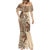Talofa Samoa Mamanu Siapo Mix Malu Mermaid Dress Classic Beige Frangipani and Turtles LT7 - Polynesian Pride