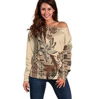 Talofa Samoa Mamanu Siapo Mix Malu Off Shoulder Sweater Classic Beige Frangipani and Turtles LT7 Women Beige - Polynesian Pride