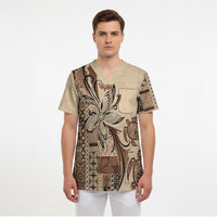Talofa Samoa Mamanu Siapo Mix Malu Scrub Top Classic Beige Frangipani and Turtles LT7 - Polynesian Pride