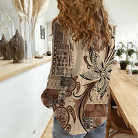 Talofa Samoa Mamanu Siapo Mix Malu Women Casual Shirt Classic Beige Frangipani and Turtles