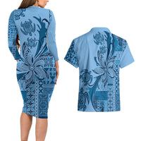 Talofa Samoa Mamanu Siapo Mix Malu Couples Matching Long Sleeve Bodycon Dress and Hawaiian Shirt Cool Blue Frangipani and Turtles LT7 - Polynesian Pride