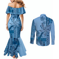Talofa Samoa Mamanu Siapo Mix Malu Couples Matching Mermaid Dress and Long Sleeve Button Shirt Cool Blue Frangipani and Turtles