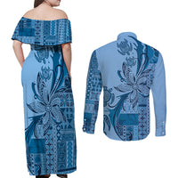 Talofa Samoa Mamanu Siapo Mix Malu Couples Matching Off Shoulder Maxi Dress and Long Sleeve Button Shirt Cool Blue Frangipani and Turtles