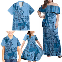 Talofa Samoa Mamanu Siapo Mix Malu Family Matching Off Shoulder Maxi Dress and Hawaiian Shirt Cool Blue Frangipani and Turtles LT7 - Polynesian Pride