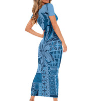 Talofa Samoa Mamanu Siapo Mix Malu Family Matching Short Sleeve Bodycon Dress and Hawaiian Shirt Cool Blue Frangipani and Turtles LT7 - Polynesian Pride