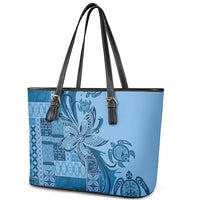 Talofa Samoa Mamanu Siapo Mix Malu Leather Tote Bag Cool Blue Frangipani and Turtles LT7 - Polynesian Pride