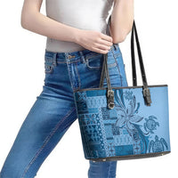 Talofa Samoa Mamanu Siapo Mix Malu Leather Tote Bag Cool Blue Frangipani and Turtles LT7 - Polynesian Pride