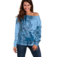 Talofa Samoa Mamanu Siapo Mix Malu Off Shoulder Sweater Cool Blue Frangipani and Turtles LT7 Women Blue - Polynesian Pride