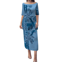Talofa Samoa Mamanu Siapo Mix Malu Puletasi Cool Blue Frangipani and Turtles LT7 Long Dress Blue - Polynesian Pride