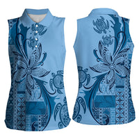 Talofa Samoa Mamanu Siapo Mix Malu Women Sleeveless Polo Shirt Cool Blue Frangipani and Turtles