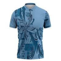 Talofa Samoa Mamanu Siapo Mix Malu Zipper Polo Shirt Cool Blue Frangipani and Turtles LT7 Blue - Polynesian Pride