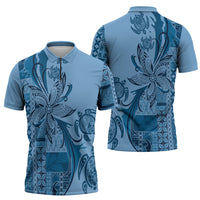 Talofa Samoa Mamanu Siapo Mix Malu Zipper Polo Shirt Cool Blue Frangipani and Turtles LT7 - Polynesian Pride