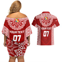 Personalised Tonga Rugby Couples Matching Off Shoulder Short Dress and Hawaiian Shirt Mate Ma'a Tonga Champions LT7 - Polynesian Pride
