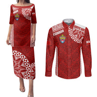 Personalised Tonga Rugby Couples Matching Puletasi Dress and Long Sleeve Button Shirts Mate Ma'a Tonga Champions LT7 Red - Polynesian Pride