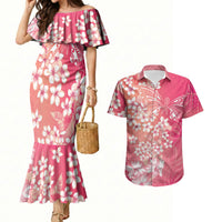 Dreamy Butterfly Polynesian - Breast Cancer Awareness Couples Matching Mermaid Dress and Hawaiian Shirt Floral Vibes