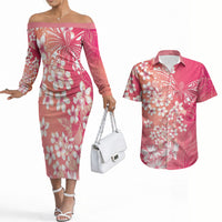 Dreamy Butterfly Polynesian - Breast Cancer Awareness Couples Matching Off The Shoulder Long Sleeve Dress and Hawaiian Shirt Floral Vibes