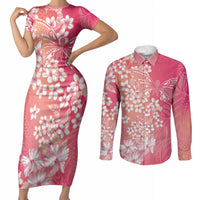 Dreamy Butterfly Polynesian - Breast Cancer Awareness Couples Matching Short Sleeve Bodycon Dress and Long Sleeve Button Shirt Floral Vibes