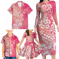 Dreamy Butterfly Polynesian - Breast Cancer Awareness Family Matching Long Sleeve Bodycon Dress and Hawaiian Shirt Floral Vibes