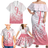 Breast Cancer Awareness Polynesian Family Matching Off Shoulder Maxi Dress and Hawaiian Shirt Floral Pink Ribbon