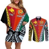 Personalised Papua New Guinea Mix Penama Couples Matching Off Shoulder Short Dress and Long Sleeve Button Shirts Tribal Patterns Half-Half Style LT7 Colorful - Polynesian Pride