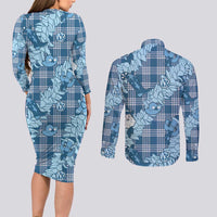 Blue Palaka Hawaii Cowboy Christmas Couples Matching Long Sleeve Bodycon Dress and Long Sleeve Button Shirt Paniolo Mix Maile Lei LT7 - Polynesian Pride