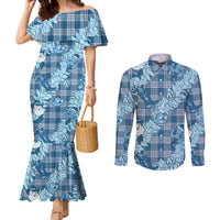 Blue Palaka Hawaii Cowboy Christmas Couples Matching Mermaid Dress and Long Sleeve Button Shirt Paniolo Mix Maile Lei LT7 Blue - Polynesian Pride