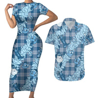 Blue Palaka Hawaii Cowboy Christmas Couples Matching Short Sleeve Bodycon Dress and Hawaiian Shirt Paniolo Mix Maile Lei - Polynesian Pride