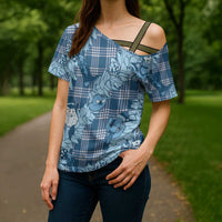 Blue Palaka Hawaii Cowboy Christmas Cross Shoulder Shirt Paniolo Mix Maile Lei - Polynesian Pride