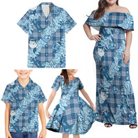 Blue Palaka Hawaii Cowboy Christmas Family Matching Off Shoulder Maxi Dress and Hawaiian Shirt Paniolo Mix Maile Lei - Polynesian Pride