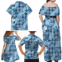 Blue Palaka Hawaii Cowboy Christmas Family Matching Off Shoulder Maxi Dress and Hawaiian Shirt Paniolo Mix Maile Lei - Polynesian Pride