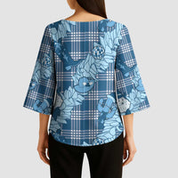 Blue Palaka Hawaii Cowboy Christmas Kimono Sleeve Blouse Paniolo Mix Maile Lei - Polynesian Pride