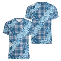 Blue Palaka Hawaii Cowboy Christmas Women V-Neck T-Shirt Paniolo Mix Maile Lei - Polynesian Pride