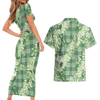 Green Palaka Hawaii Cowboy Christmas Couples Matching Short Sleeve Bodycon Dress and Hawaiian Shirt Paniolo Mix Maile Lei - Polynesian Pride