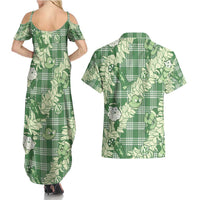 Green Palaka Hawaii Cowboy Christmas Couples Matching Summer Maxi Dress and Hawaiian Shirt Paniolo Mix Maile Lei - Polynesian Pride