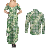Green Palaka Hawaii Cowboy Christmas Couples Matching Summer Maxi Dress and Long Sleeve Button Shirt Paniolo Mix Maile Lei - Polynesian Pride