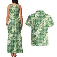 Green Palaka Hawaii Cowboy Christmas Couples Matching Tank Maxi Dress and Hawaiian Shirt Paniolo Mix Maile Lei - Polynesian Pride