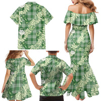 Green Palaka Hawaii Cowboy Christmas Family Matching Mermaid Dress and Hawaiian Shirt Paniolo Mix Maile Lei - Polynesian Pride