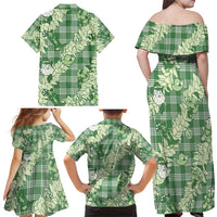 Green Palaka Hawaii Cowboy Christmas Family Matching Off Shoulder Maxi Dress and Hawaiian Shirt Paniolo Mix Maile Lei - Polynesian Pride
