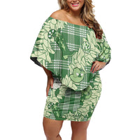Green Palaka Hawaii Cowboy Christmas Family Matching Off Shoulder Short Dress and Hawaiian Shirt Paniolo Mix Maile Lei - Polynesian Pride
