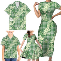 Green Palaka Hawaii Cowboy Christmas Family Matching Short Sleeve Bodycon Dress and Hawaiian Shirt Paniolo Mix Maile Lei - Polynesian Pride