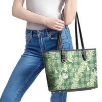 Green Palaka Hawaii Cowboy Christmas Leather Tote Bag Paniolo Mix Maile Lei - Polynesian Pride