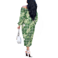 Green Palaka Hawaii Cowboy Christmas Off The Shoulder Long Sleeve Dress Paniolo Mix Maile Lei - Polynesian Pride