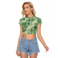 Green Palaka Hawaii Cowboy Christmas Raglan Cropped T Shirt Paniolo Mix Maile Lei - Polynesian Pride